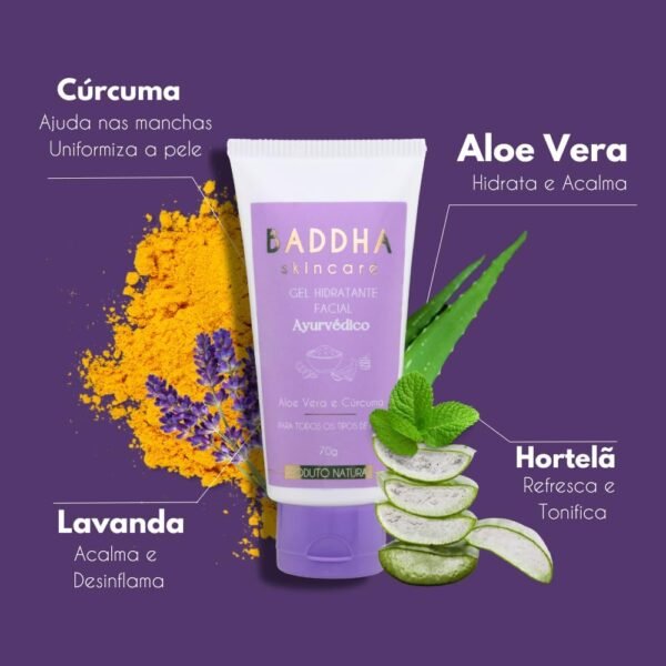 Baddha Skincare, Hidratante Facial e Corporal em Gel, Cosmético Natural, Com Aloe Vera Babosa e Cúrcuma, Acalma a Pele, Previne Cravos e Oleosidade, Saúde Natural da Pele | Ayurveda- 70g - Imagem 3