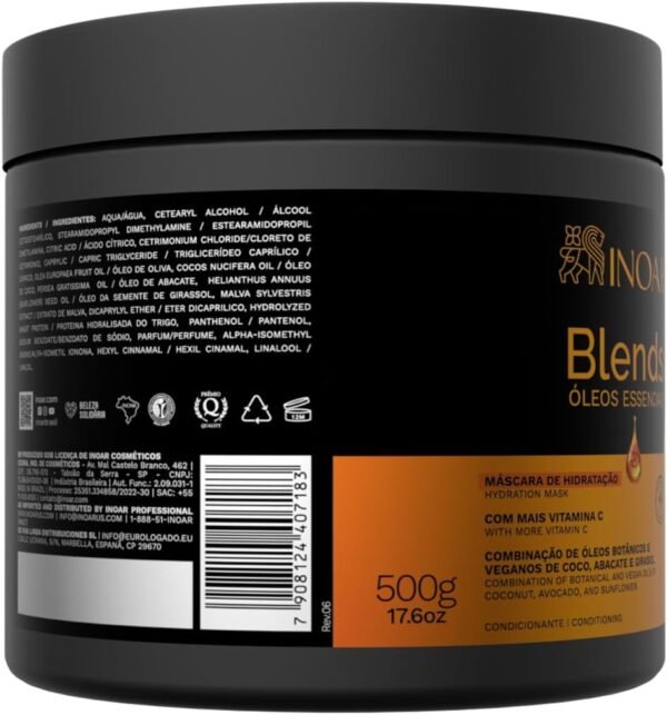 Inoar, Blends Máscara Capilar – Hidratação Profunda, Brilho e Maciez com Óleos de Coco, Abacate, Argan e Vitamina C - 500g - Imagem 3