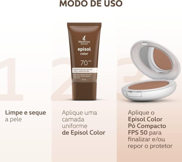 MANTECORP - Protetor Solar Facial Episol Color FPS 70 - Efeito Base, Alta Proteção UVA e UVB, Toque Seco, Rápida Absorção - Tom 4 Médio Escuro - 40ml - Imagem 5