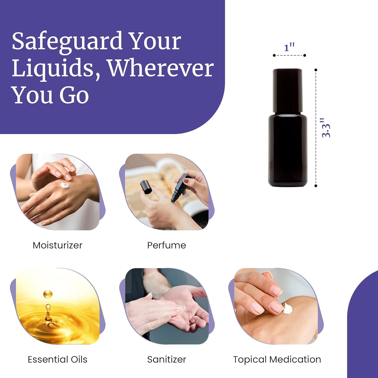 Infinity Jars Garrafa de vidro ultravioleta preta de 15 ml com ponta de rolo de vidro para óleo essencial, garrafas redondas herméticas, recipientes de cosméticos com tampa preta 5 Infinity Jars Garrafa de vidro ultravioleta preta de 15 ml com ponta de rolo de vidro para óleo essencial, garrafas redondas herméticas, recipientes de cosméticos com tampa preta - Imagem 5