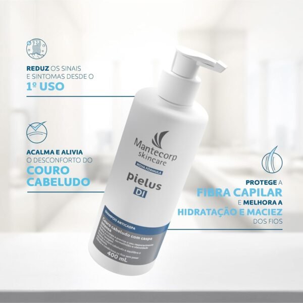 Mantecorp - Shampoo Anticaspa Pielus DI - Limpeza Profunda do Couro Cabeludo, Reduz Descamação Coceira e Vermelhidão, Alívio Após 1ª Lavagem - 400ml - Imagem 4