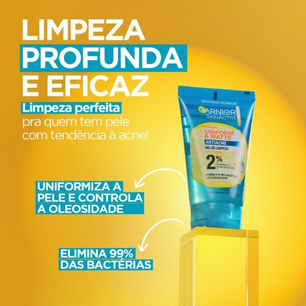 Garnier Gel de Limpeza Facial Uniform & Matte Antiacne, Elimina bactérias, Reduz Acne e Controla a Oleosidade, 150g - Imagem 4