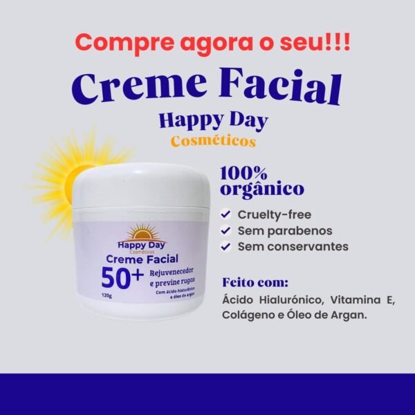Creme Facial 50+ Para Rugas Com Acido Hialurônico Antirrugas e Antissinais 120g Happy Day Cosméticos - Imagem 3
