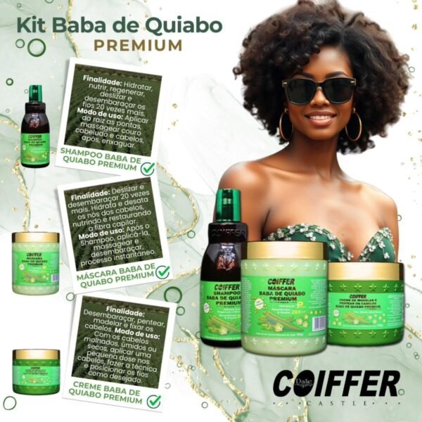 Máscara Baba de Quiabo Premium Desembaraça e Desliza 20x+ Coiffer 500g - Imagem 3