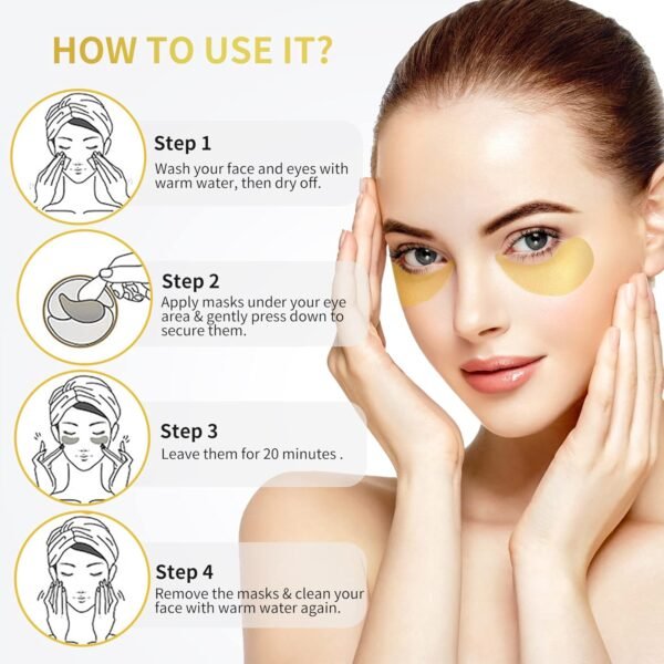 Adesivos para os olhos – 30 pares – Máscara dourada 24K – tratamentos para olhos inchados e olheiras, reduzem as bolsas sob os olhos e rugas suaves, almofadas para cuidados com a pele - Imagem 5