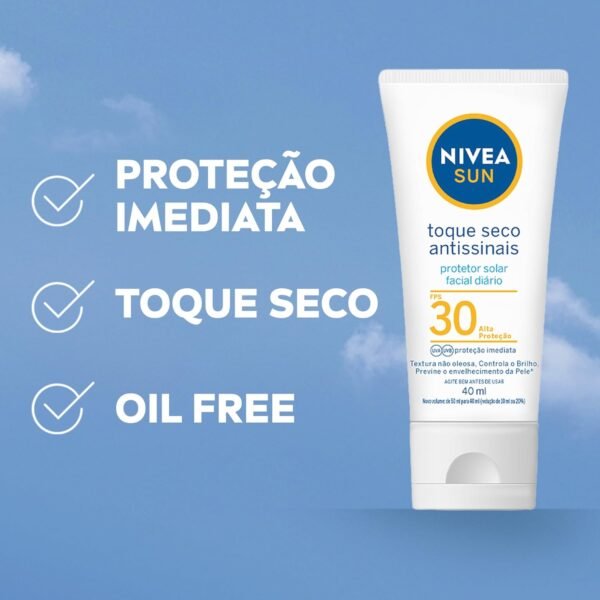 NIVEA SUN Protetor Solar Facial Toque Seco Antissinais FPS 30 40ml - Diário FPS 30, proteção UVA/UVB, previne o envelhecimento da pele, textura não oleosa, controla o brilho - Imagem 4