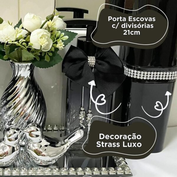Kit Lavabo Banheiro Preto com Difusor de Aromas + Porta Sabonete + Bandeja Espelhada Strass + Porta Escovas + Enfeites Porcelana- Coleção Norilsk Premium - Imagem 3