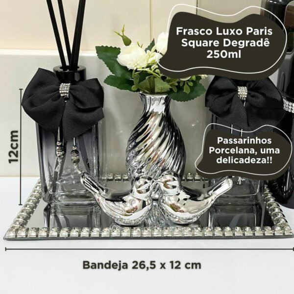 Kit Lavabo Banheiro Preto com Difusor de Aromas + Porta Sabonete + Bandeja Espelhada Strass + Porta Escovas + Enfeites Porcelana- Coleção Norilsk Premium - Imagem 4