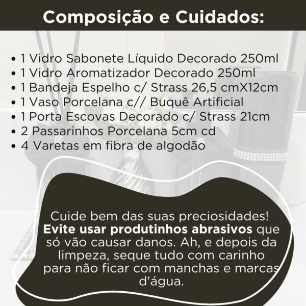 Kit Lavabo Banheiro Preto com Difusor de Aromas + Porta Sabonete + Bandeja Espelhada Strass + Porta Escovas + Enfeites Porcelana- Coleção Norilsk Premium - Imagem 7