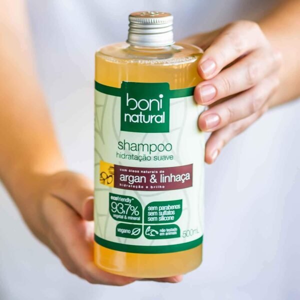 Shampoo Vegano e Natural de Argan e Linhaça, Para todos os tipos de cabelo, Boni Natural, Transparente - Imagem 3
