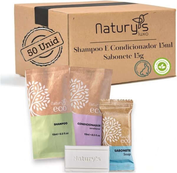 Naturys Kit de Banho 50 Unidades - Shampoo, Condicionador e Sabonete 15g Ecológico Vegano - Woody