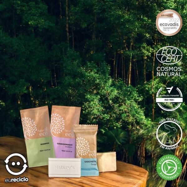 Naturys Kit de Banho 100 Unidades Shampoo, Condicionador e Sabonete 15g Ecológico Vegano Hotel Motel Pousada Spa com Fragrância Woody - Imagem 3