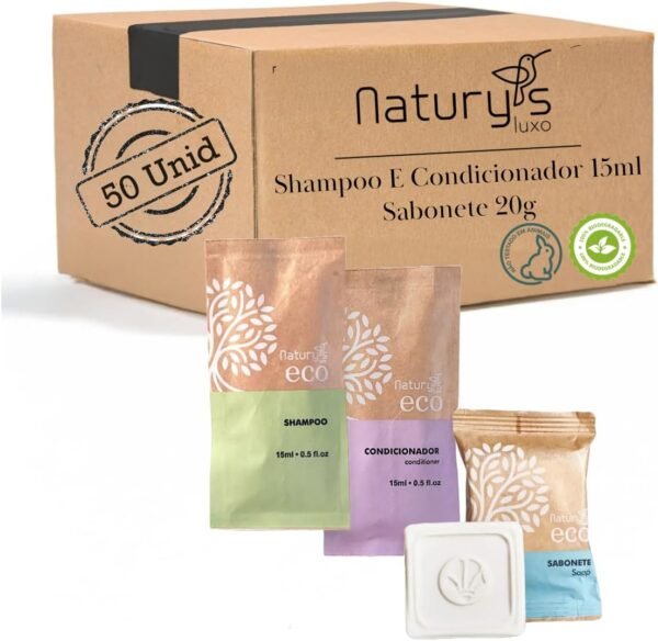 Naturys Kit de Banho 50 Unidades - Shampoo, Condicionador e Sabonete Biodegradável 15ml e 20g - Linha Ecológica - Woody - Hotel, Motel, Pousada, Spa