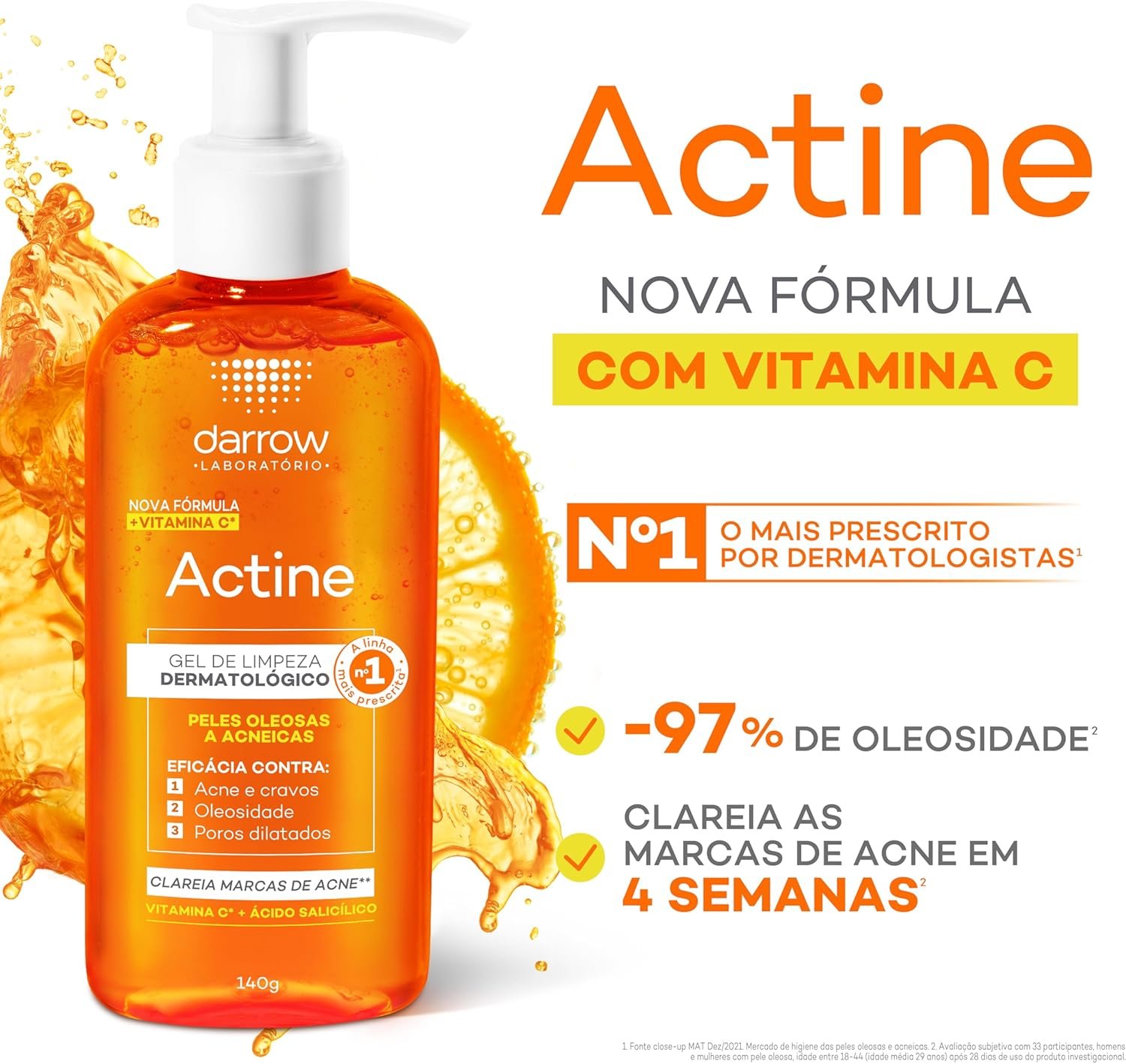 Darrow Actine Gel De Limpeza + Vit C Pele Oleosa A Acneira - 140G Laranja 3 Darrow Actine Gel De Limpeza + Vit C Pele Oleosa A Acneira - 140G Laranja - Imagem 3