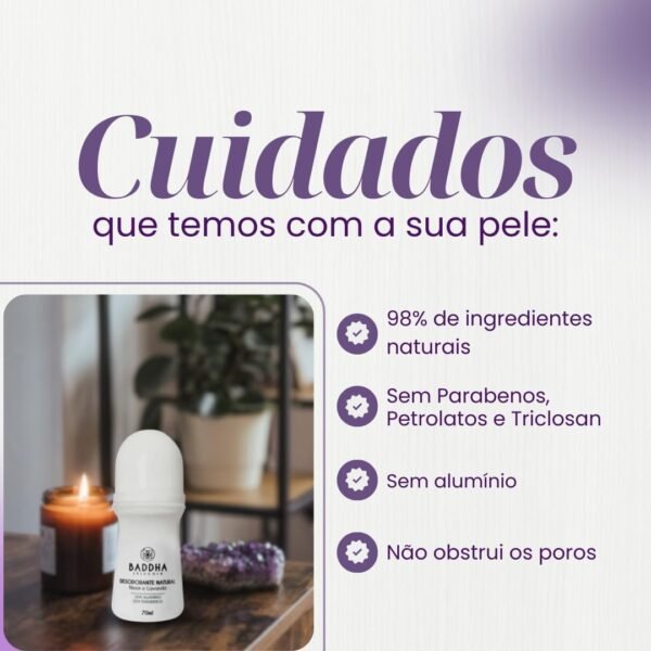 Baddha Skincare, Desodorante Natural Roll-on sem Alumínio, Vegano, com Neem e Lavanda- 70ml - Imagem 3