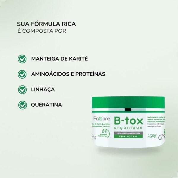 Máscara Capilar Reconstrutora Sem Formol B-tox Organique Fattore Anti frizz 250g - Imagem 3