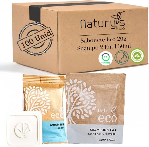 Kit 100 Shampoo 2 em 1 30mL 100 Sabonetes 20g Floral Naturys Ecológico Hotel Pousada Spa - Imagem 3