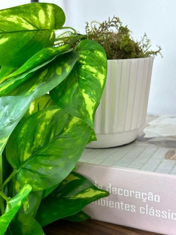 Pendente Artificial Jiboia Verde/Creme 100cm com Vaso Offwhite 2 Pendente Artificial Jiboia Verde/Creme 100cm com Vaso Offwhite - Imagem 2