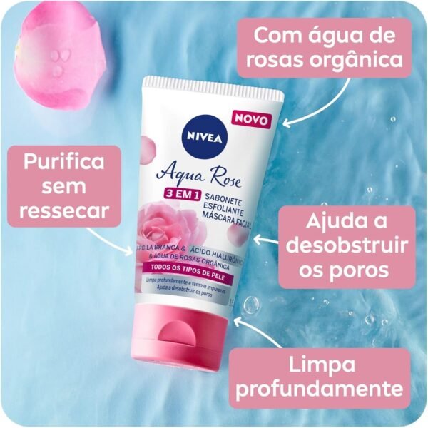 NIVEA Aqua Rose 3 em 1 150ml - Sabonete, Esfoliante e Máscara Facial - Com argila branca, ácido hialurônico e água de rosas orgânica - Imagem 3