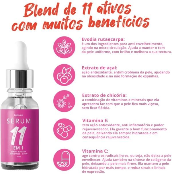 Sérum Facial 11em1 - Niacinamida +Rosa Mosqueta+ Extrato de Açaí - Pele hidratada, macia e iluminada-Unissex- Para todos os tipos de pele 95% Ingredientes Naturais - 30ml - Imagem 3
