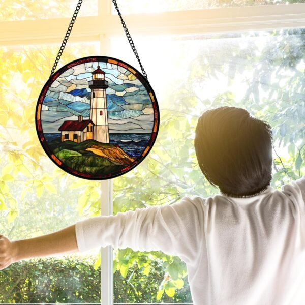 DASTOLL Vitral pendurado, farol oceano, apanhadores de sol, painel de vidro, azul e verde, para aniversário, para mulheres, homens, esposa, tia e mãe, 25 cm - Imagem 3