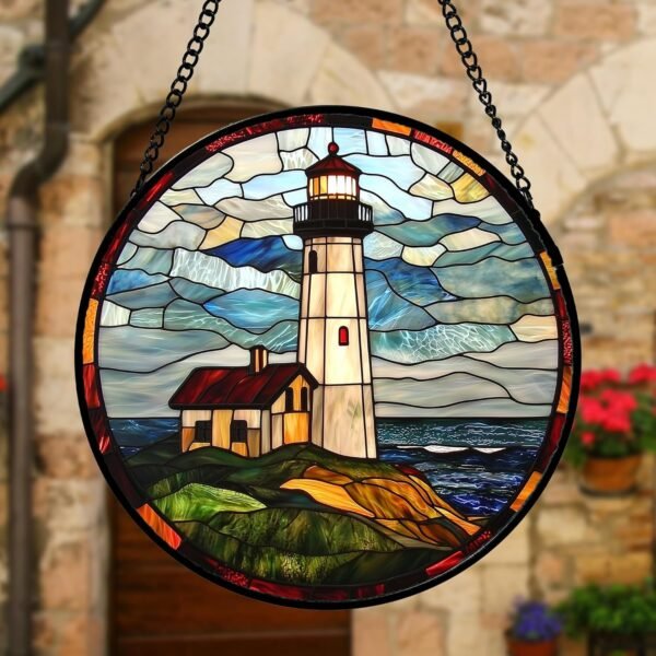 DASTOLL Vitral pendurado, farol oceano, apanhadores de sol, painel de vidro, azul e verde, para aniversário, para mulheres, homens, esposa, tia e mãe, 25 cm - Imagem 4