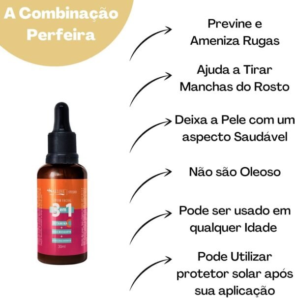 ZKMAGIC Kit 2 Unidades - Serum Facial 3 Em 1 Vitamina + C Rosa Mosqueta + Ácido Hialurônico - Pele Hidratada Macia E Iluminada 30Ml Max Love. - Imagem 3
