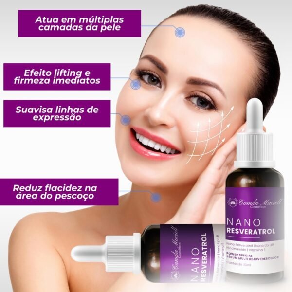 Sérum Facial Nano Resveratrol Camila Maciell, Sérum Antienvelhecimento com Nanoresveratrol, Niacinamida, Vitamina E e Nano Up Lift + Ação Antioxidante, Firmeza, Rejuvenescimento – 30ml - Imagem 3