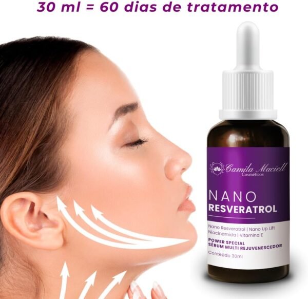 Sérum Facial Nano Resveratrol Camila Maciell, Sérum Antienvelhecimento com Nanoresveratrol, Niacinamida, Vitamina E e Nano Up Lift + Ação Antioxidante, Firmeza, Rejuvenescimento – 30ml - Imagem 7