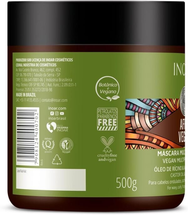 Inoar, Máscara Capilar Afro Vegan – Nutrição, Brilho e Crescimento com Óleo de Rícino, Manteiga de Karité e Vitamina E - 500g - Imagem 3