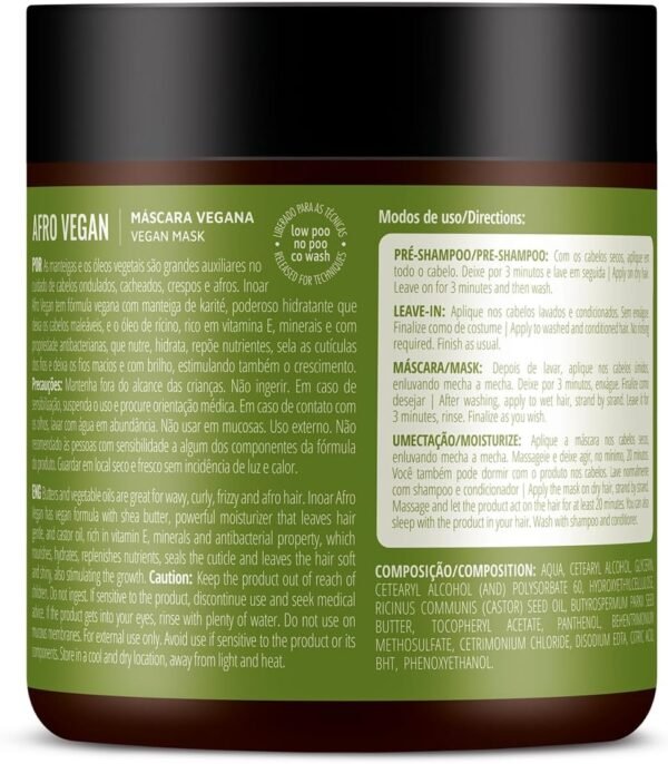 Inoar, Máscara Capilar Afro Vegan – Nutrição, Brilho e Crescimento com Óleo de Rícino, Manteiga de Karité e Vitamina E - 500g - Imagem 4