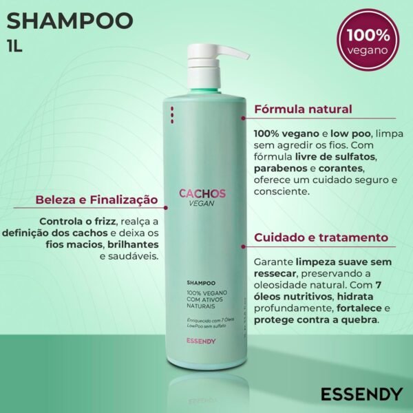 Shampoo Cachos Vegan 1L - Low Poo, 100% Vegano, Limpeza Suave Sem Sulfatos - Hidratação Profunda, Controle do Frizz e Definição dos Cachos - Imagem 3