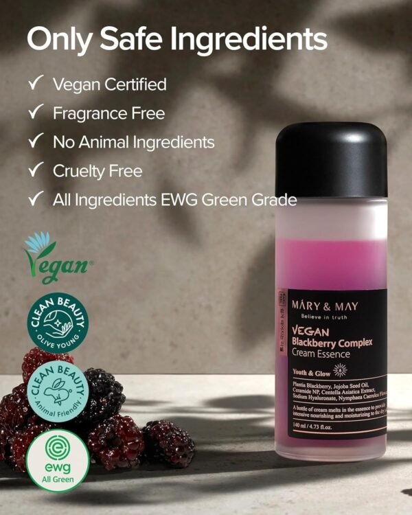 Mary&May Vegan Blackberry Complex Cream Essence 140ml, Deep Hydrating for dry skin, Essence Toner, Blackberry Extract, Cream Skin, Fragrance Free, Korean Skincare, marynmay - Imagem 6