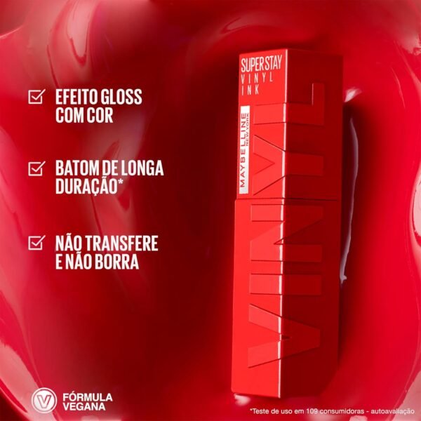 Maybelline NY Batom Líquido Longa Duração, Acabamento Espelhado e Brilho Instantâneo Super Stay Vinyl Ink Lippy 4,2ml - Imagem 3