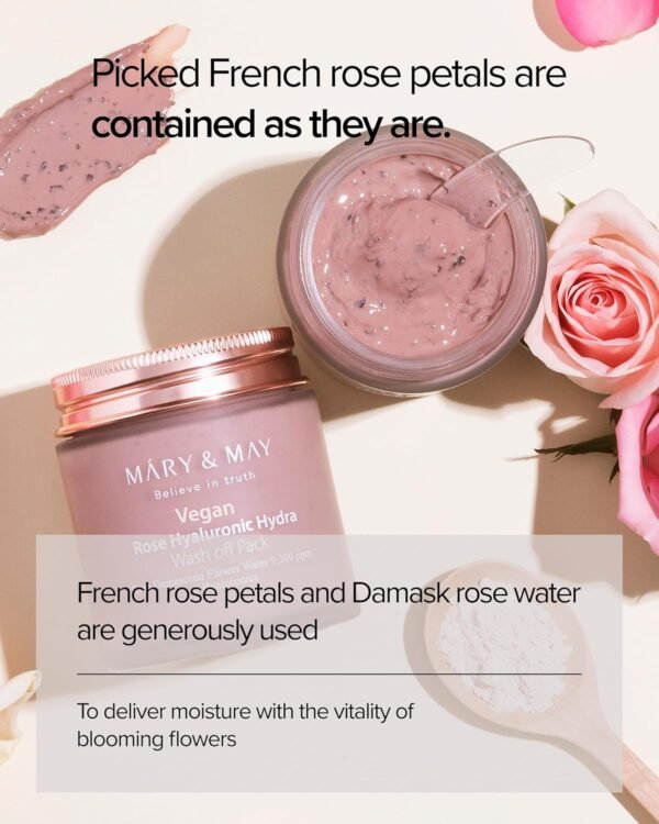 Mary&May Vegan Rose Hyaluronic Hydra Wash Off Mask 125g, Clean Pores, Sebum Control, Longer hydration, Hyaluronic, Rose Petals, Clay Mask, Korean Facial Mask, marynmay - Imagem 3