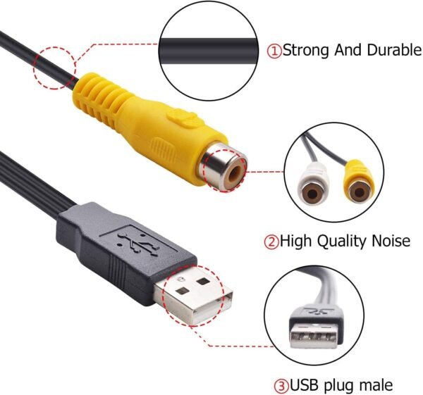 Cabo USB para 3RCA, USB A 2.0 macho para 3 RCA fêmea, placa de captura de áudio e vídeo, cabo adaptador composto AV para PC, Mac, AV, HDD e DVR (pacote com 1) - Imagem 3