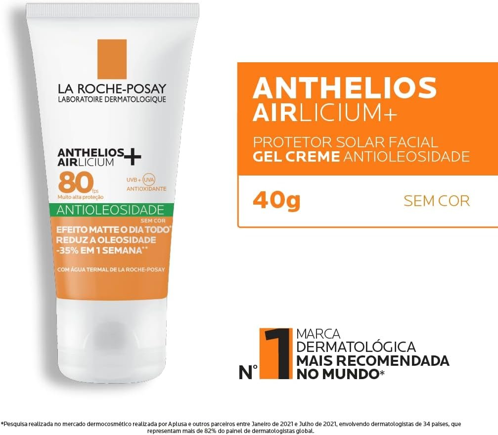 La Roche-Posay, Anthelios Airlicium, Protetor Solar Facial Antioleosidade, Controle e Redução da Oleosidade, FPS80, Textura Gel Creme, Toque Seco, 40g 3 La Roche-Posay, Anthelios Airlicium, Protetor Solar Facial Antioleosidade, Controle e Redução da Oleosidade, FPS80, Textura Gel Creme, Toque Seco, 40g - Imagem 3