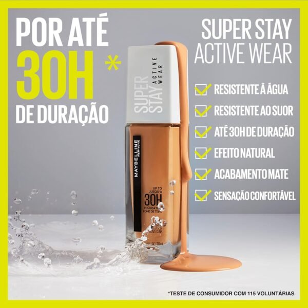 Maybelline NY Base Alta Cobertura Super Stay Active Wear Resistente ao Suor Alta Duração até 30h na Pele, Cor 310 Sun Beige, 30ml - Imagem 3