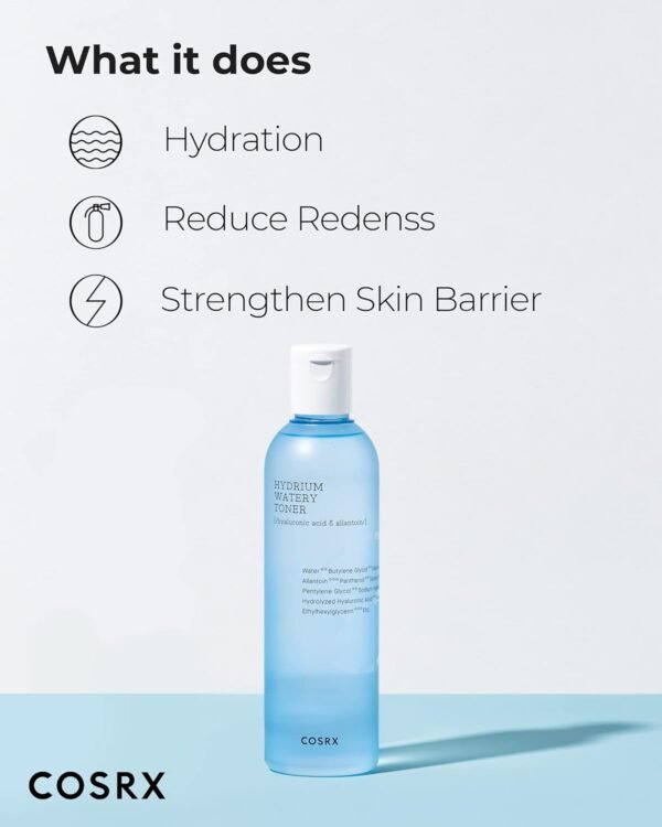COSRX Hydrium Watery Toner, 150 ml / 5,07 fl.oz | Toner de umidade de ácido hialurônico | Cuidados com a pele coreana, sem testes de animais, sem parabenos - Imagem 3