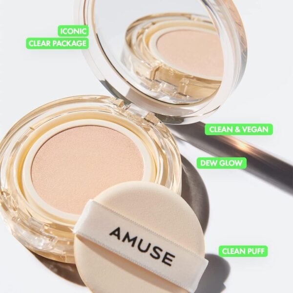 AMUSE Base de almofada vegana Seul Dew Jelly 01 SOONSOO | orvalhado, brilho, longa duração, cobertura dupla, beleza limpa, leve, aparência natural, base para pele sensível, almofada hidratante - Imagem 2
