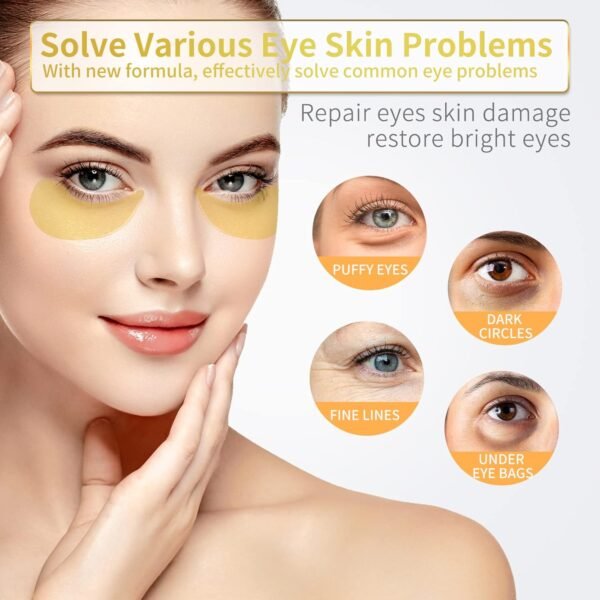 Adesivos para os olhos – 30 pares – Máscara dourada 24K – tratamentos para olhos inchados e olheiras, reduzem as bolsas sob os olhos e rugas suaves, almofadas para cuidados com a pele - Imagem 2
