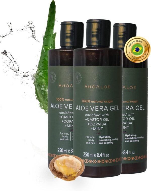 AhoAloe - Ethnic Ethics Ahoaloe Pacote Com 3 Gel De Aloe Vera Brasileiro - Gel Natural Hidratante Multiuso Com Copaíba, Óleo De Rícino E Hortelã Fresca, Natural Para Rosto, Pele E Cabelo - Cuidado P