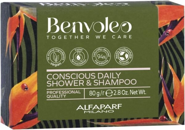 Alfaparf Milano Benvoleo Conscious Daily Shower and Shampoo Bar para todos os tipos de cabelo – Cuidados com os cabelos limpos, veganos e sustentáveis – Xampu sólido 3 em 1 – cabelo, rosto, corpo – ingredientes naturais – 80 ml.