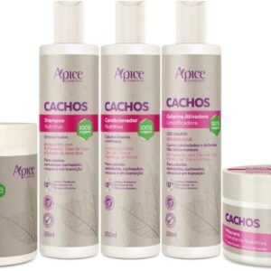 Apse Kit Completo 5 Itens Tratamento Cachos - Shampoo, Condicionador, Máscara, Ativador e Gelatina - Enrichecido com D Pantenol, Karité, Óleo de Coco e Aloe Vera - Para Cabelos Ondulados e Cacheados
