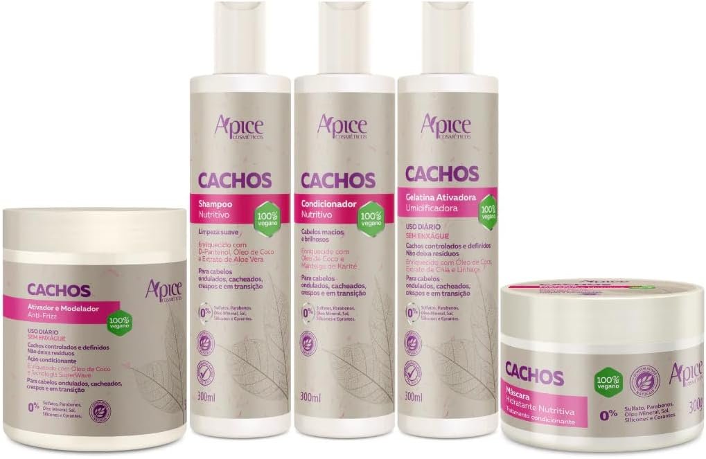 Apse Kit Completo 5 Itens Tratamento Cachos - Shampoo, Condicionador, Máscara, Ativador e Gelatina - Enrichecido com D Pantenol, Karité, Óleo de Coco e Aloe Vera - Para Cabelos Ondulados e Cacheados 1 Apse Kit Completo 5 Itens Tratamento Cachos - Shampoo, Condicionador, Máscara, Ativador e Gelatina - Enrichecido com D Pantenol, Karité, Óleo de Coco e Aloe Vera - Para Cabelos Ondulados e Cacheados
