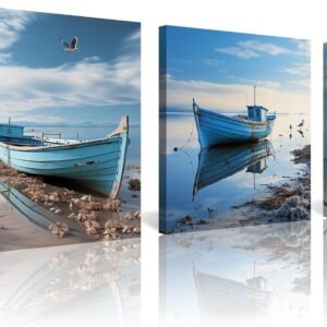 Arte de parede costeira praia azul barco arte em tela imagens de gaivota veleiro paisagem marítima impressões decorações arte emoldurada tema marinho moderno vista mar sala de estar quarto decoração