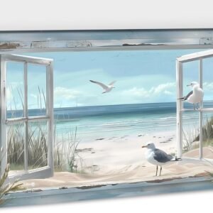 Arte de parede de praia, decoração de parede em tela do oceano azul, decoração de parede em tela com tema de praia, pintura de pombo do mar azul, paisagem de areia costeira natureza arte emoldurada