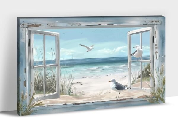 Arte de parede de praia, decoração de parede em tela do oceano azul, decoração de parede em tela com tema de praia, pintura de pombo do mar azul, paisagem de areia costeira natureza arte emoldurada