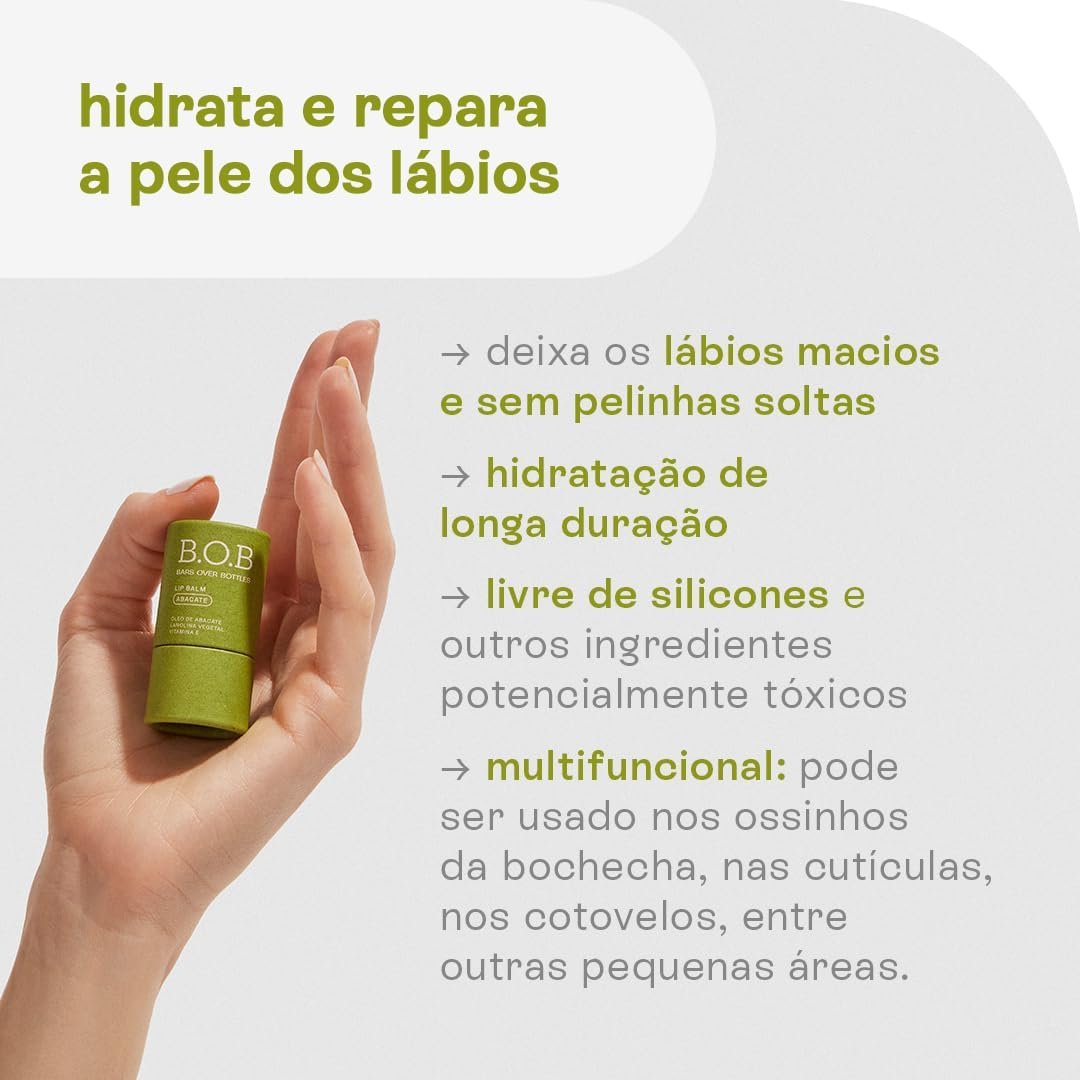 B.O.B Bars Over Bottles Lip Balm Abacate | Natural, vegano, livre de crueldade, sustentável, livre de plástico, waterless, hidrata e repara a pele dos lábios 2 B.O.B Bars Over Bottles Lip Balm Abacate | Natural, vegano, livre de crueldade, sustentável, livre de plástico, waterless, hidrata e repara a pele dos lábios - Imagem 2