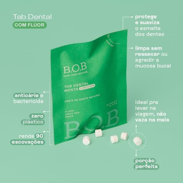B.O.B Bars Over Bottles Pastilha Dental Menta Com Flúor Anticárie | Natural, vegano, livre de crueldade, sustentável, livre de plástico, waterless - Imagem 2